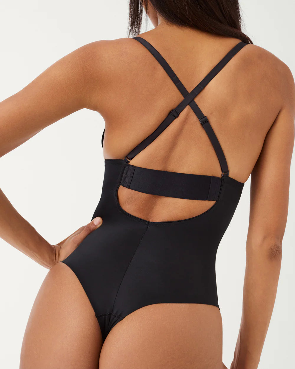 Suit Your Fancy Plunge Low-Back Bodysuit Black