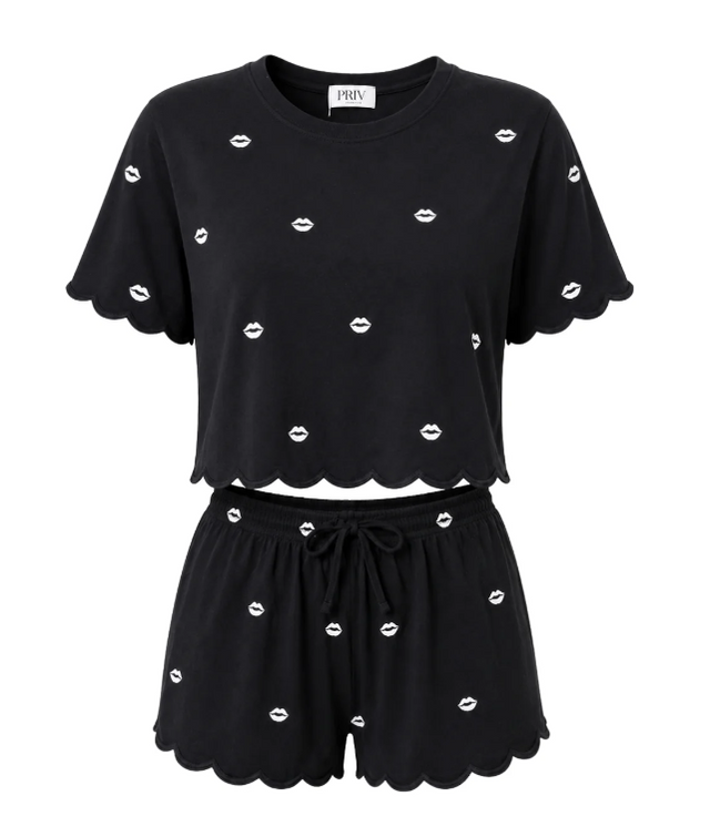 Daybreak Summer PJ Set – Scalloped Trim Pajama Set Black Kisses