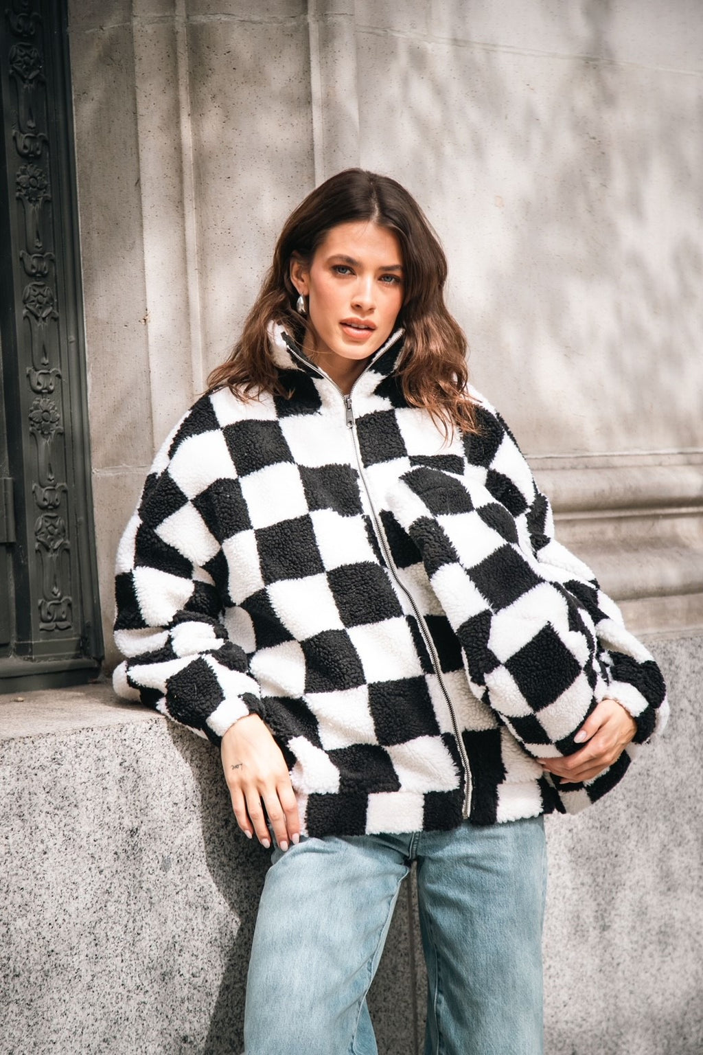 The ‘Bianca’ Checkerboard Sherpa Jacket | Black & White