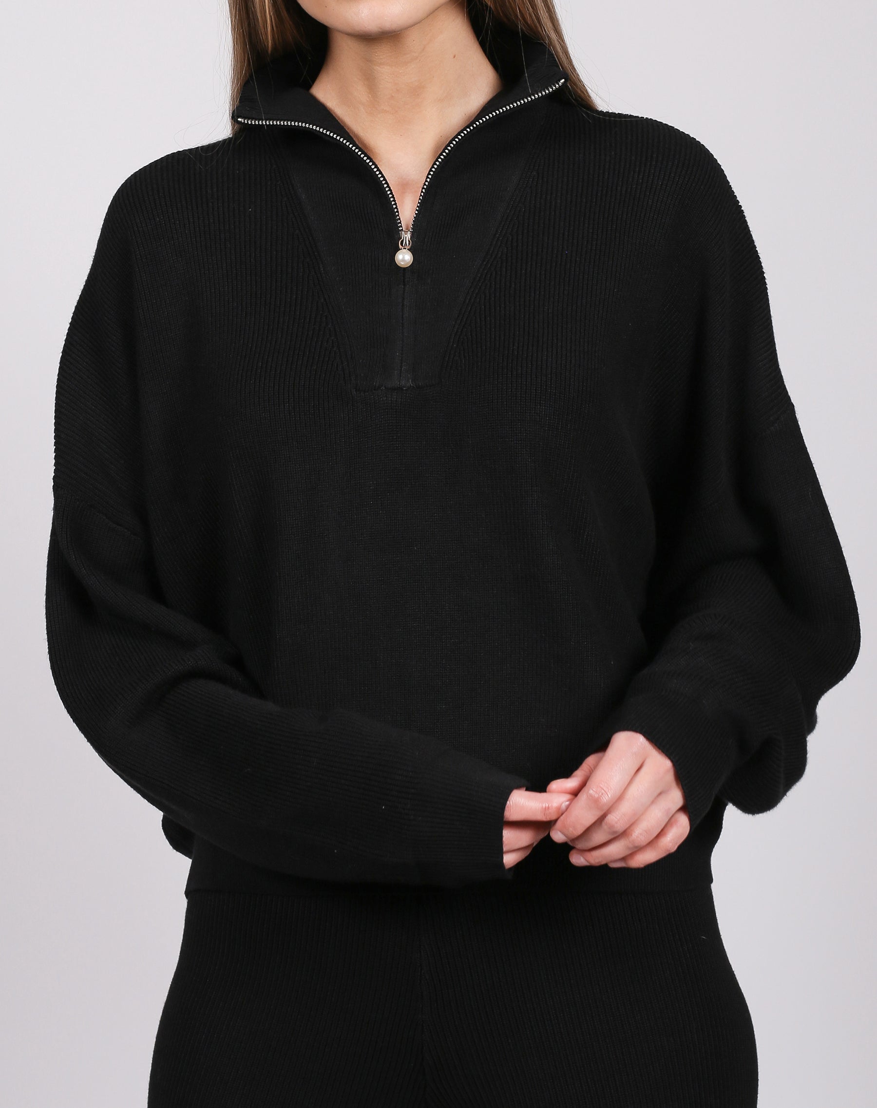 The Ribbed Knit Half-Zip Popover |  with Pearl